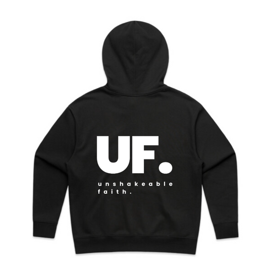 Black hoodie with 'UF. unshakeable faith.' text on the back against a white background
