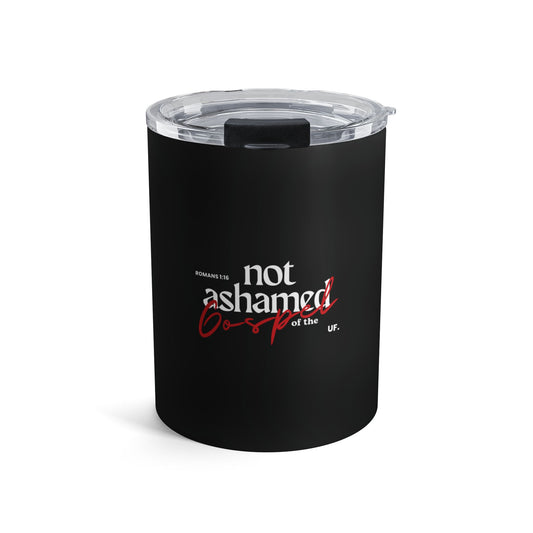Black tumbler with text on a white background