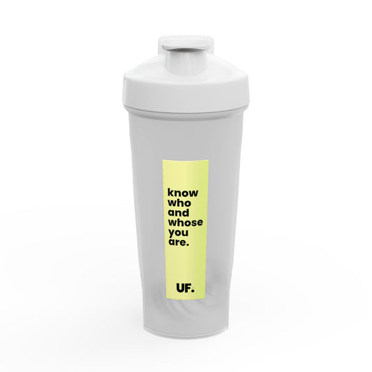 White water bottle with a yellow label featuring text on a white background