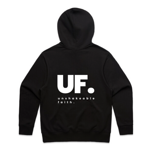 Black hoodie with 'UF. unshakeable faith.' text on the back against a white background