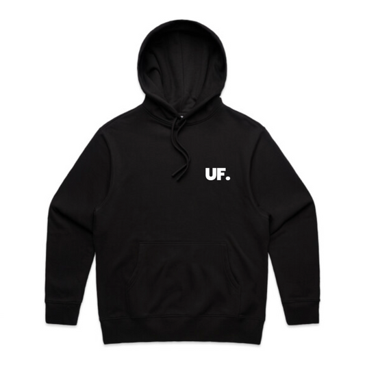 Black hoodie with 'UF.' logo on a white background