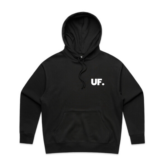 Black hoodie with 'UF.' logo on a white background
