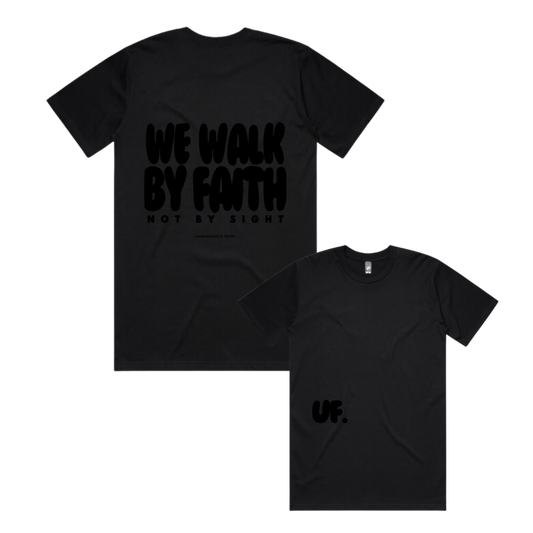 Black t-shirt with 'WE WALK BY FAITH NOT BY SIGHT' text on a white background [logo_black]