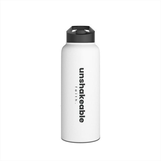 White water bottle with black lid and 'unshakeable' text on a white background
